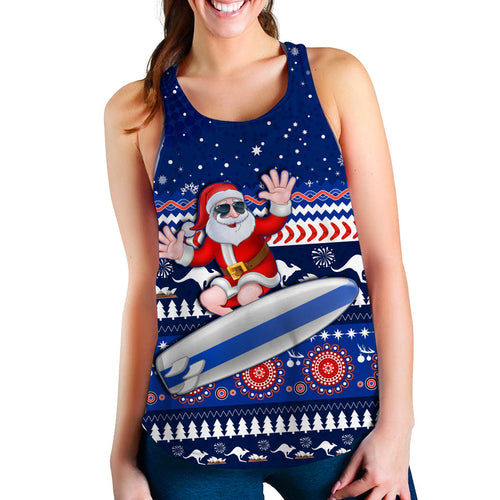australia-christmas-women-racerback-tank-aussie-aboriginal-santa-claus-is-surfing-with-kangaroo