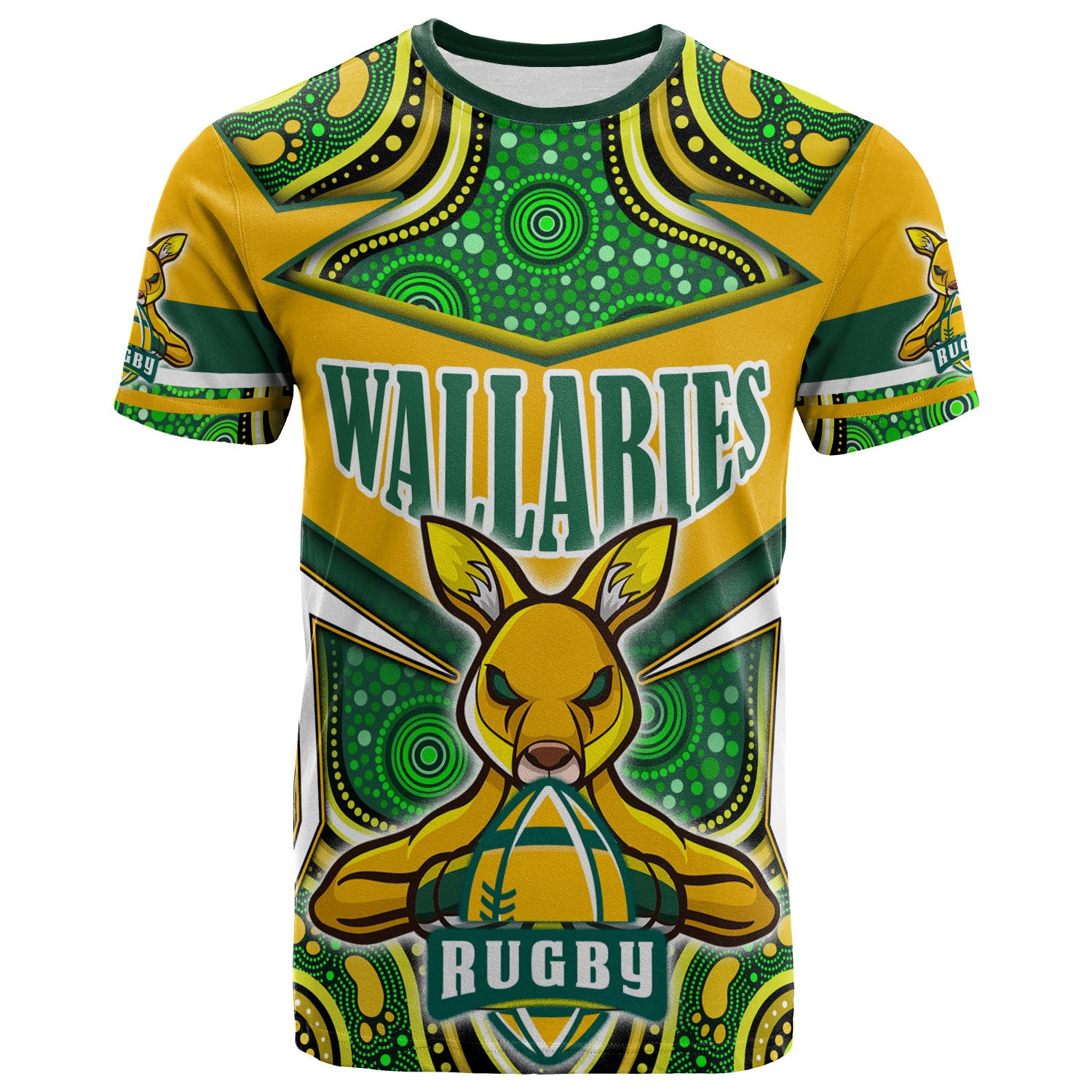 wallabies-rugby-t-shirt-custom-super-kangaroo-rugby-ball-mascot-aboriginal-style-t-shirt