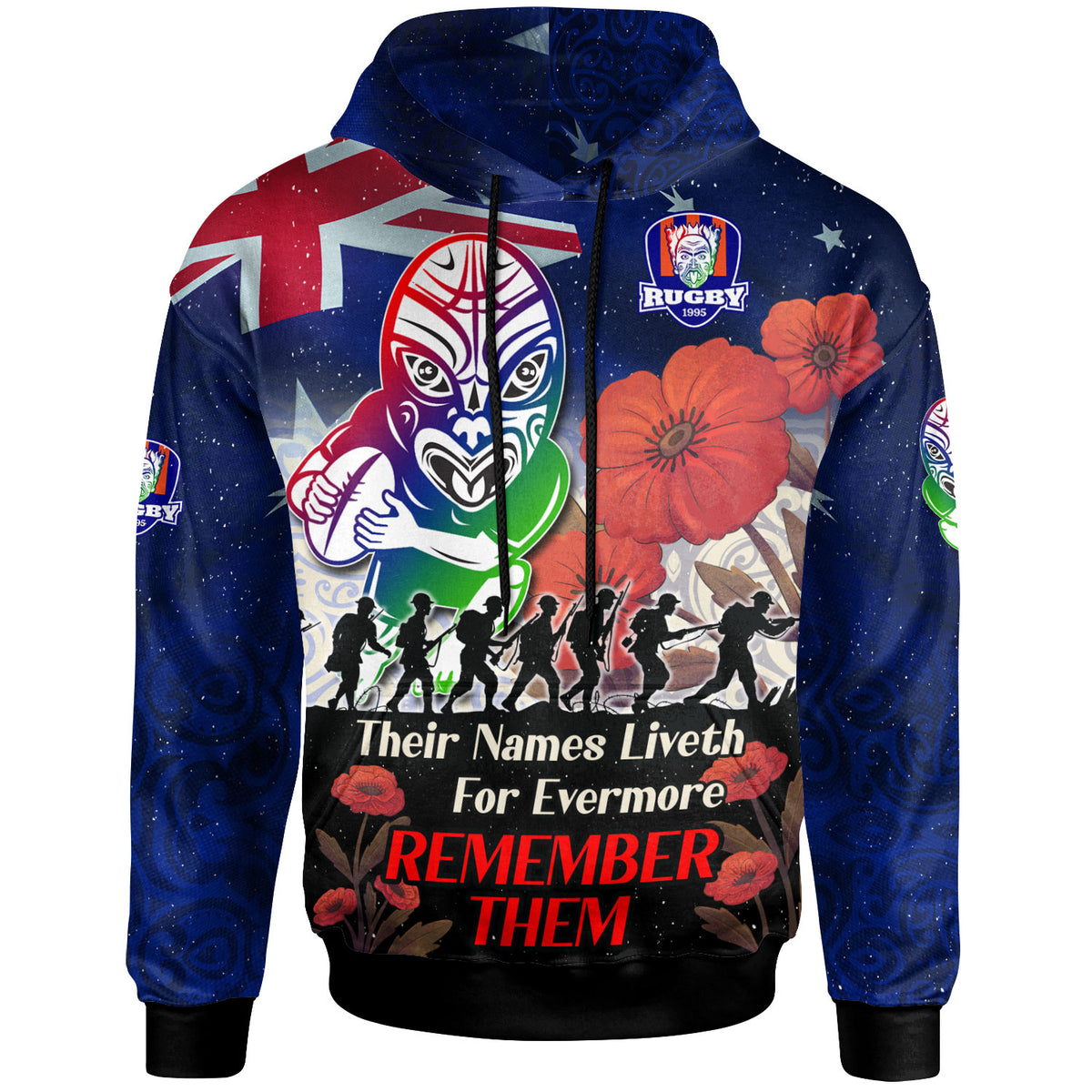 warriors-rugby-hoodie-custom-remember-them-red-poppy-flowers-hoodie