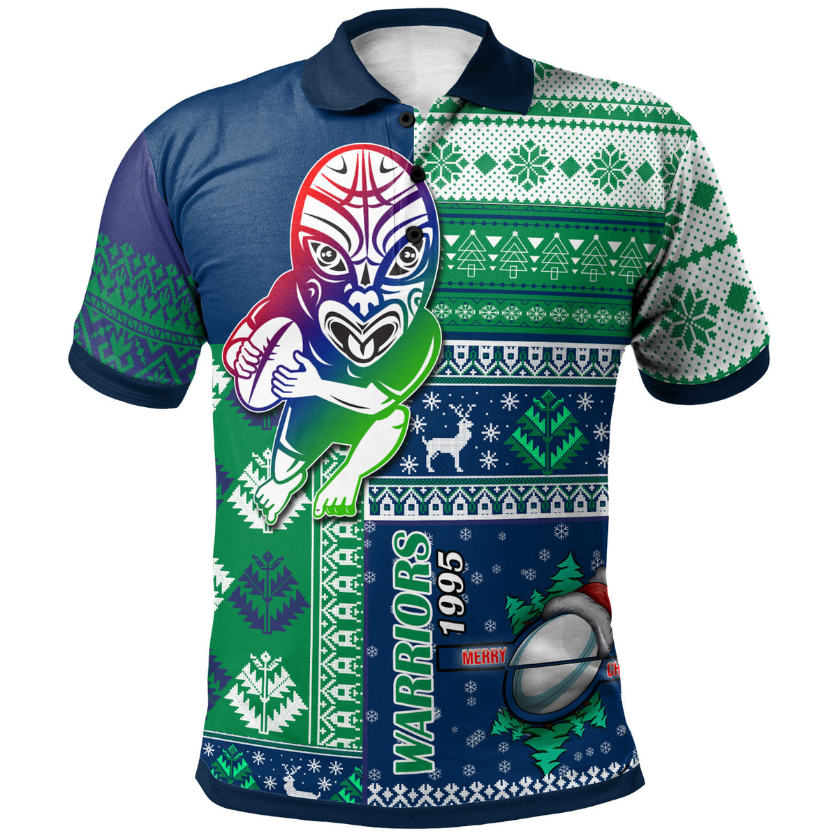 warriors-rugby-polo-shirt-custom-christmas-snowflakes-warriors-mascot-polo-shirt