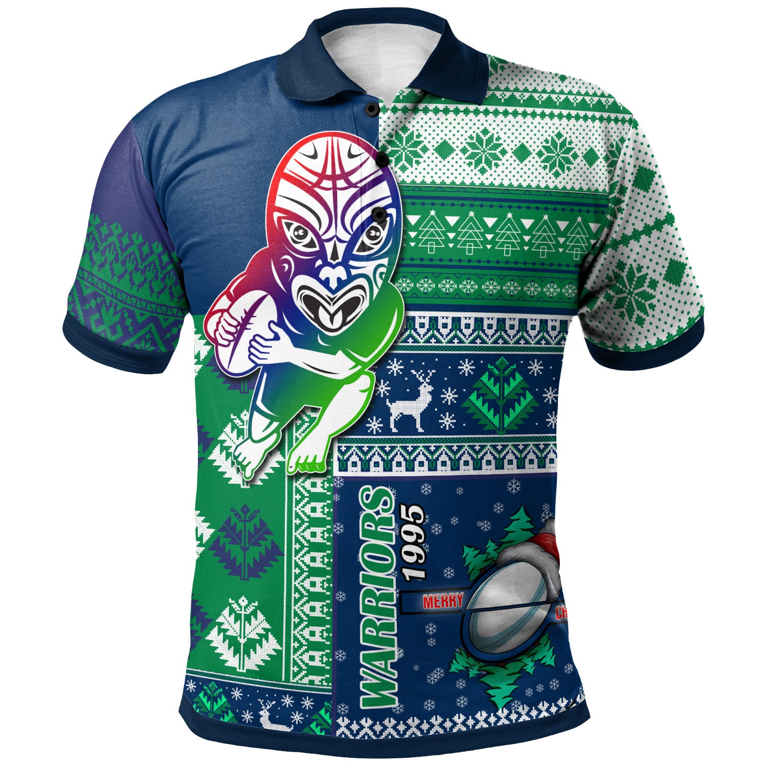 warriors-rugby-polo-shirt-custom-christmas-snowflakes-warriors-mascot-polo-shirt
