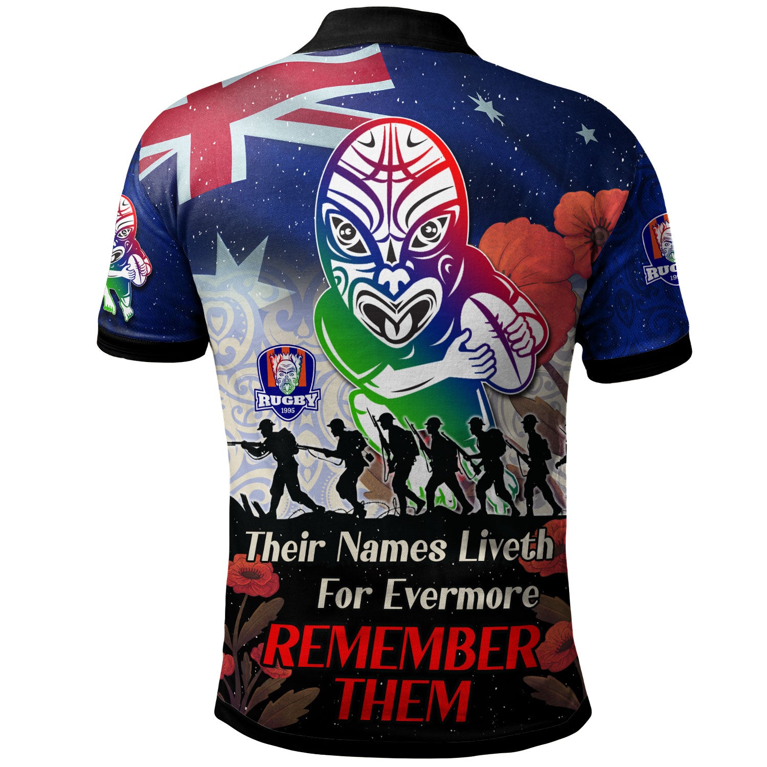 warriors-rugby-polo-shirt-custom-remember-them-red-poppy-flowers-polo-shirt