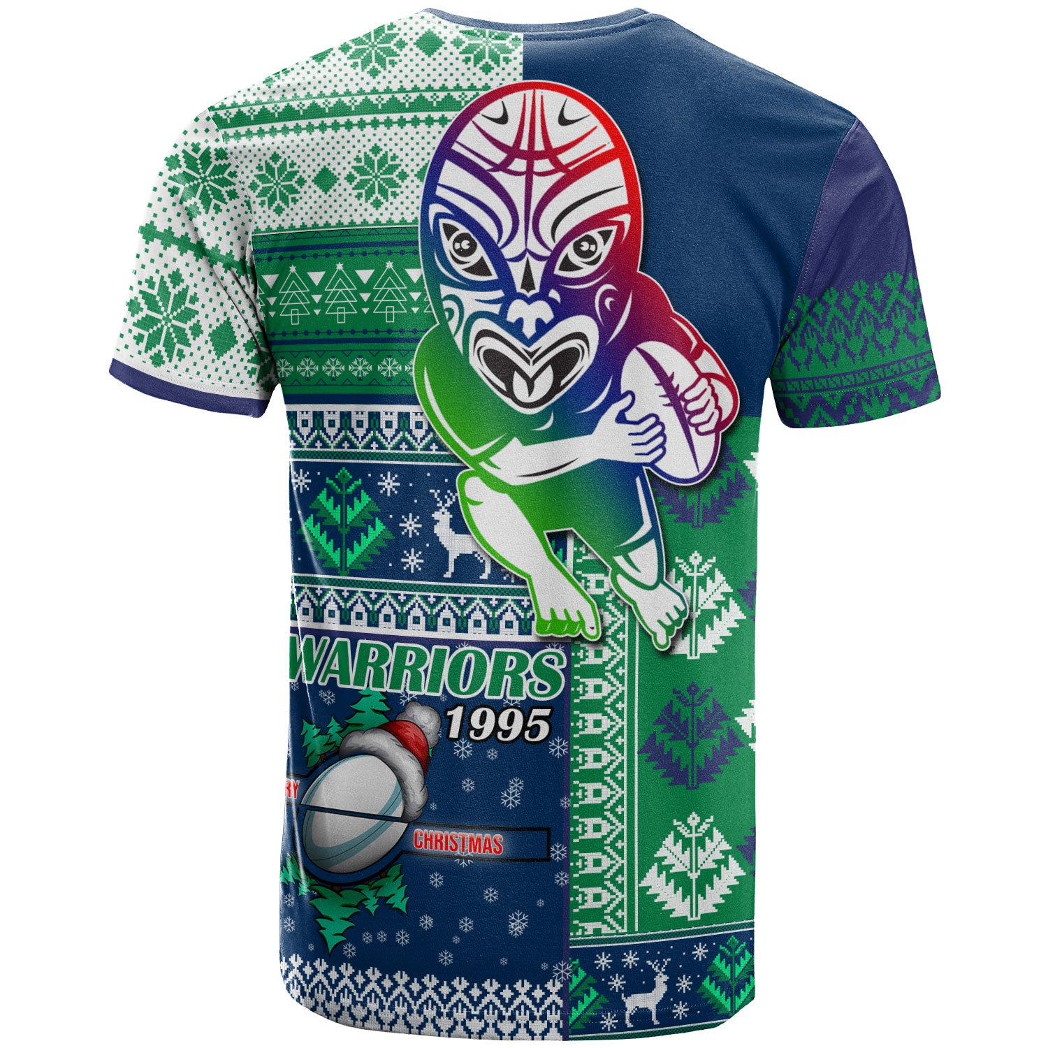 warriors-rugby-t-shirt-custom-christmas-snowflakes-warriors-mascot-t-shirt