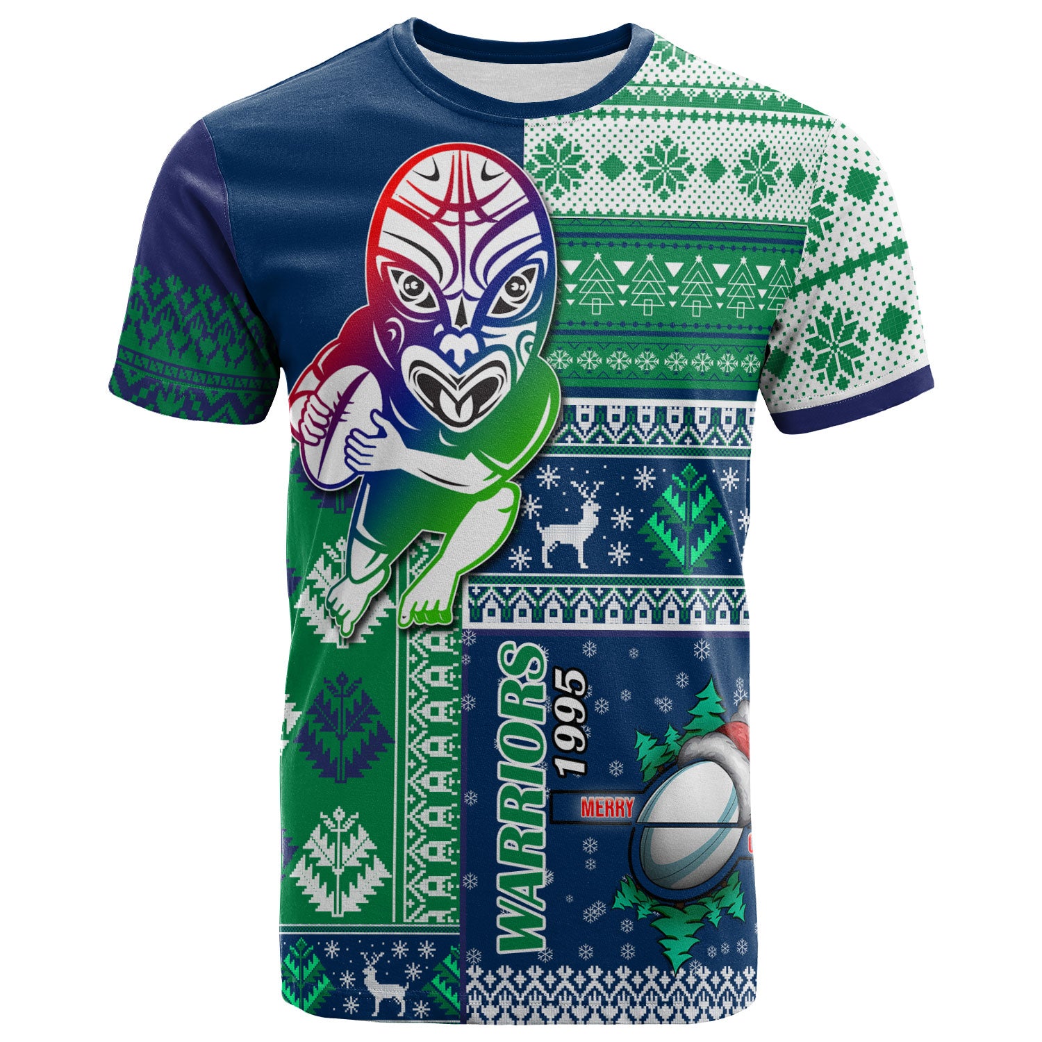 warriors-rugby-t-shirt-custom-christmas-snowflakes-warriors-mascot-t-shirt