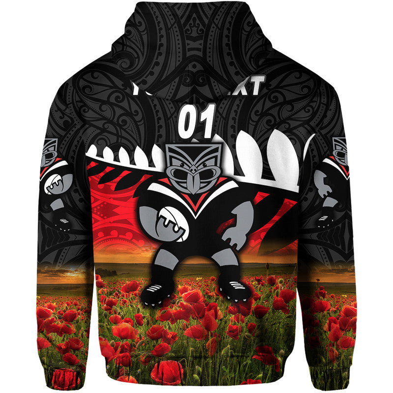 (Custom Personalised) New Zealand Warriors ANZAC 2022 Zip Up And Pullover Hoodie Maori Poppy Flowers Vibes LT8