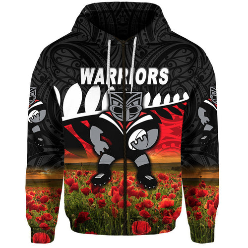 (Custom Personalised) New Zealand Warriors ANZAC 2022 Zip Up And Pullover Hoodie Maori Poppy Flowers Vibes LT8