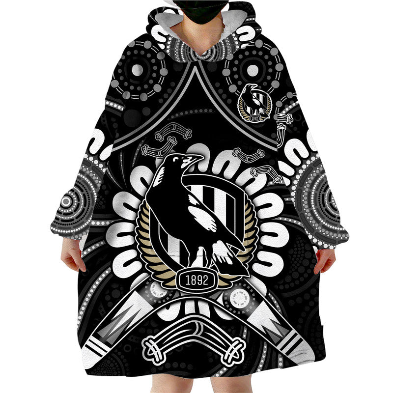 custom-personalised-magpies-football-wearable-blanket-hoodie-boomerang-indigenous-dots