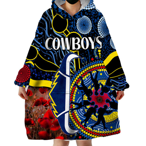 custom-personalised-cowboys-rugby-anzac-wearable-blanket-hoodie-aboriginal-military-and-poppy-flowers
