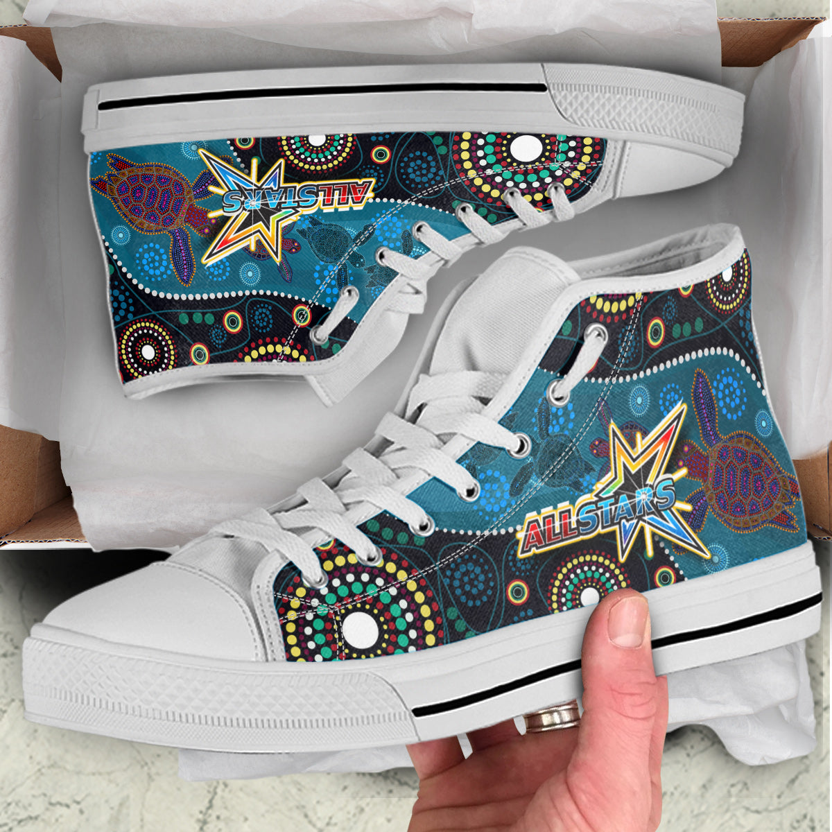 indigenous-all-stars-rugby-high-top-shoes-dreamtime-turtle-with-aboriginal-dot-painting-art-high-top-shoes