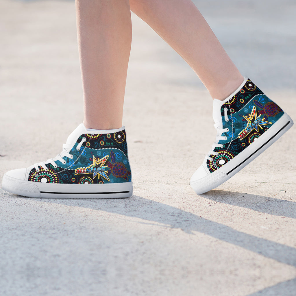 indigenous-all-stars-rugby-high-top-shoes-dreamtime-turtle-with-aboriginal-dot-painting-art-high-top-shoes