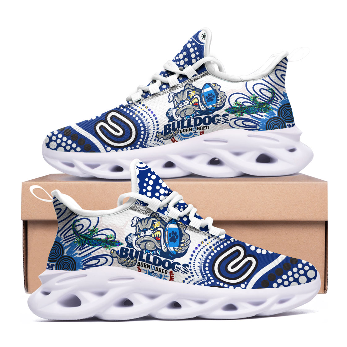 bulldogs-rugby-born-bred-clunky-shoes-custom-indigenous-bulldogs-with-rugby-ball-and-aboriginal-patterns-clunky-shoes