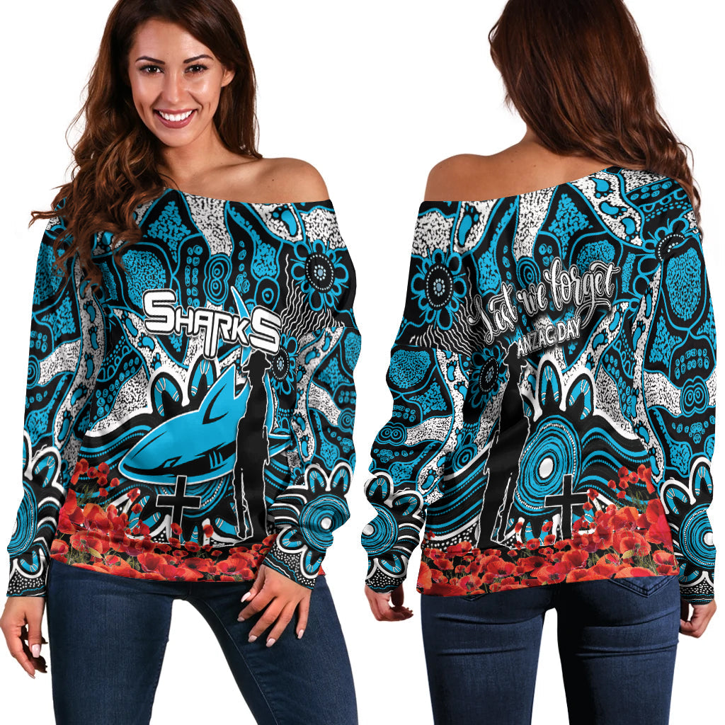 Sharks Off Shoulder Sweater Anzac Day Poppy Flowers With Aboriginal