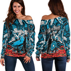 Sharks Off Shoulder Sweater Anzac Day Poppy Flowers With Aboriginal