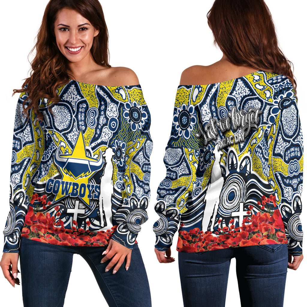 Cowboys Off Shoulder Sweater Anzac Day Poppy Flowers With Aboriginal