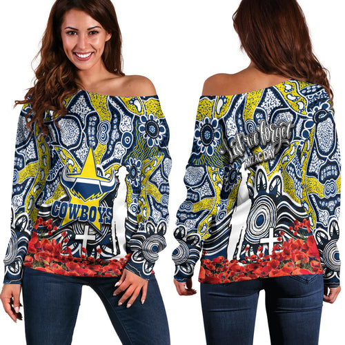 Cowboys Off Shoulder Sweater Anzac Day Poppy Flowers With Aboriginal