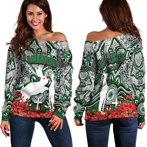 Rabbitohs Off Shoulder Sweater Anzac Day Poppy Flowers With Aboriginal