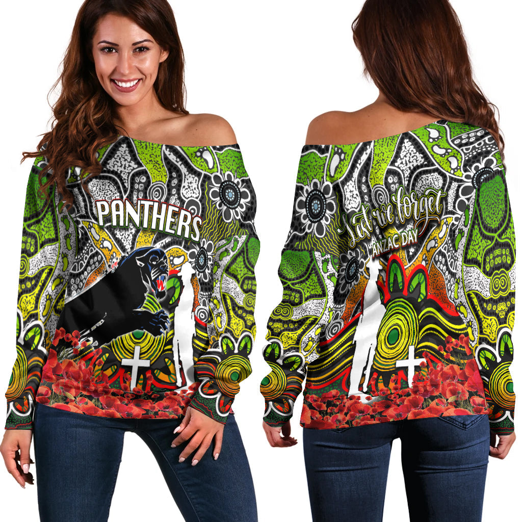 Panthers Off Shoulder Sweater Anzac Day Poppy Flowers With Aboriginal