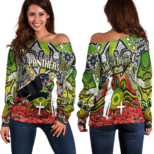 Panthers Off Shoulder Sweater Anzac Day Poppy Flowers With Aboriginal