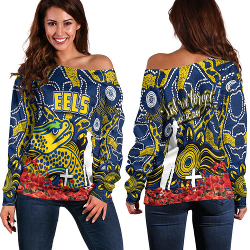 Eels Off Shoulder Sweater Anzac Day Poppy Flowers With Aboriginal