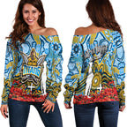 Titans Off Shoulder Sweater Anzac Day Poppy Flowers With Aboriginal