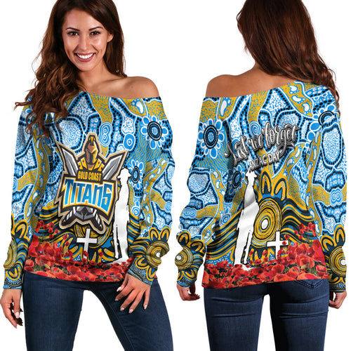 Titans Off Shoulder Sweater Anzac Day Poppy Flowers With Aboriginal