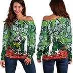 Raiders Off Shoulder Sweater Anzac Day Poppy Flowers With Aboriginal