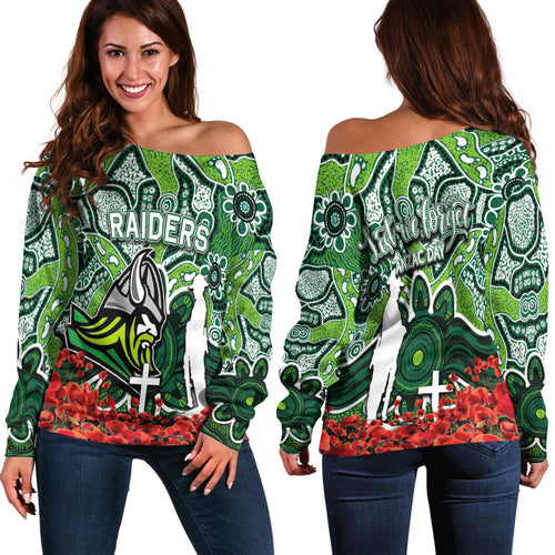 Raiders Off Shoulder Sweater Anzac Day Poppy Flowers With Aboriginal