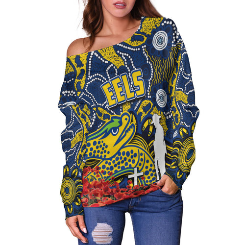 Eels Off Shoulder Sweater Anzac Day Poppy Flowers With Aboriginal