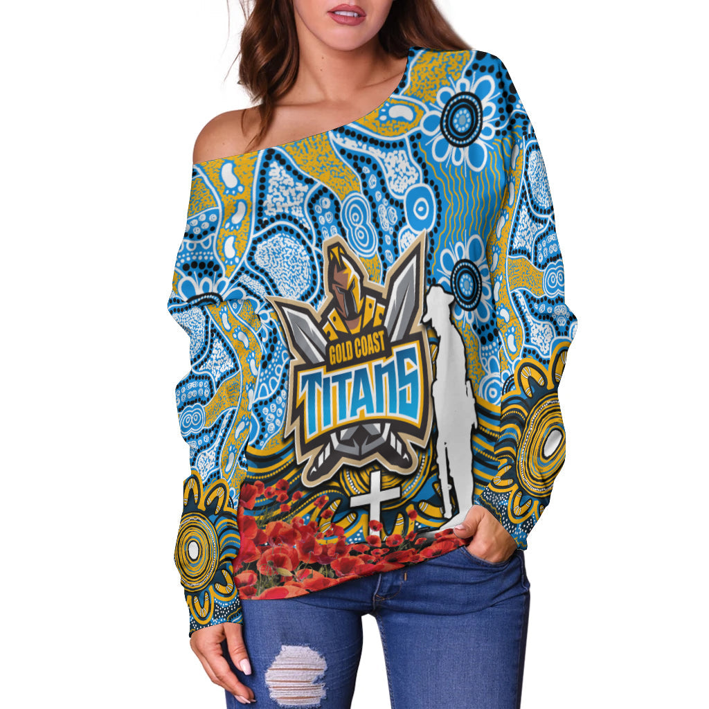 Titans Off Shoulder Sweater Anzac Day Poppy Flowers With Aboriginal
