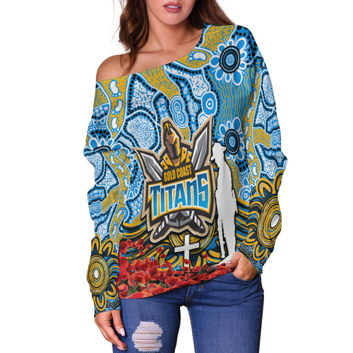 Titans Off Shoulder Sweater Anzac Day Poppy Flowers With Aboriginal