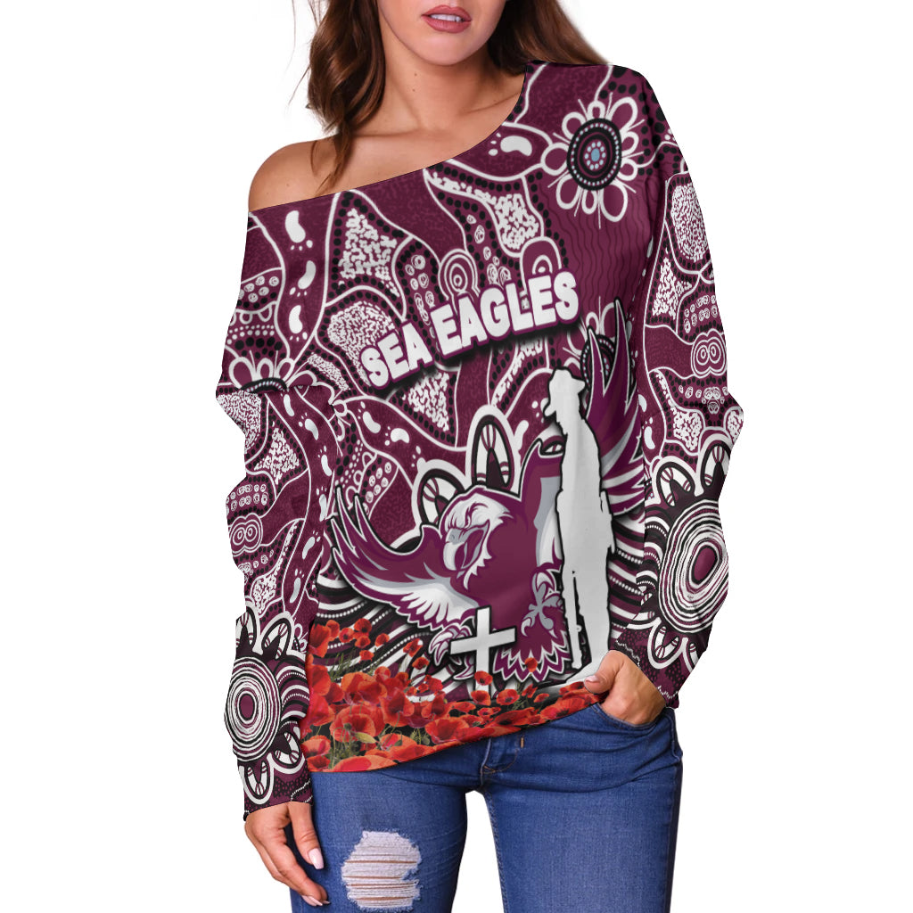 Sea Eagles Off Shoulder Sweater Anzac Day Poppy Flowers With Aboriginal
