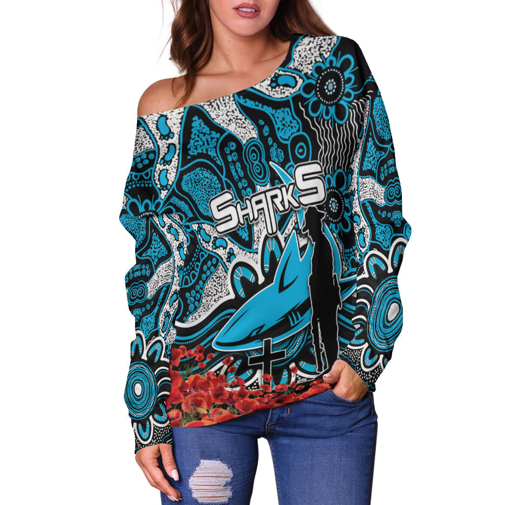 Sharks Off Shoulder Sweater Anzac Day Poppy Flowers With Aboriginal
