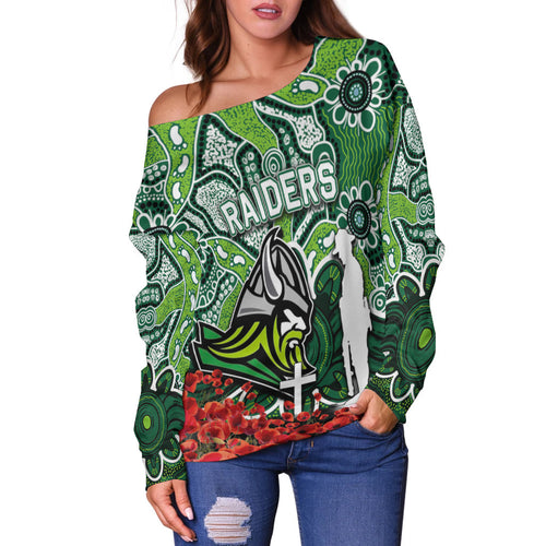 Raiders Off Shoulder Sweater Anzac Day Poppy Flowers With Aboriginal