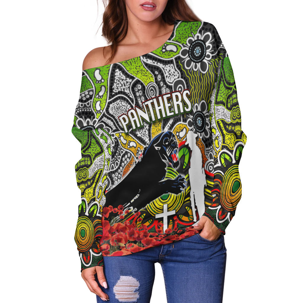 Panthers Off Shoulder Sweater Anzac Day Poppy Flowers With Aboriginal