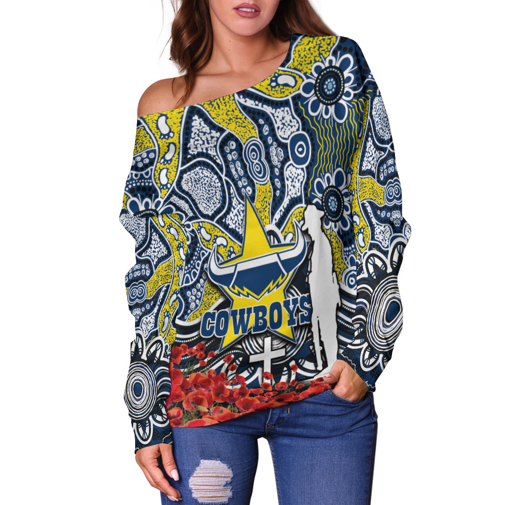 Cowboys Off Shoulder Sweater Anzac Day Poppy Flowers With Aboriginal