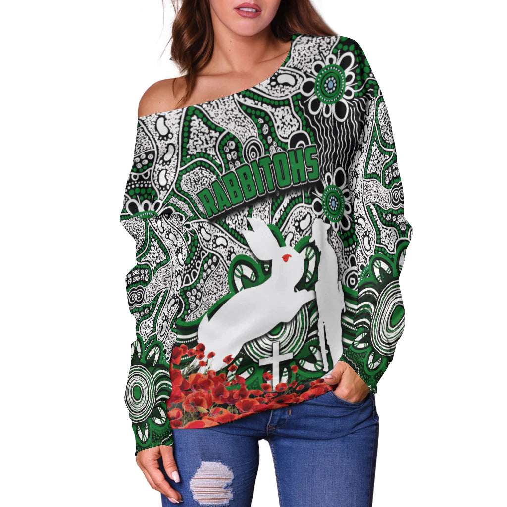 Rabbitohs Off Shoulder Sweater Anzac Day Poppy Flowers With Aboriginal