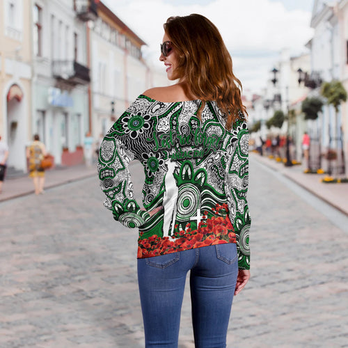 Rabbitohs Off Shoulder Sweater Anzac Day Poppy Flowers With Aboriginal