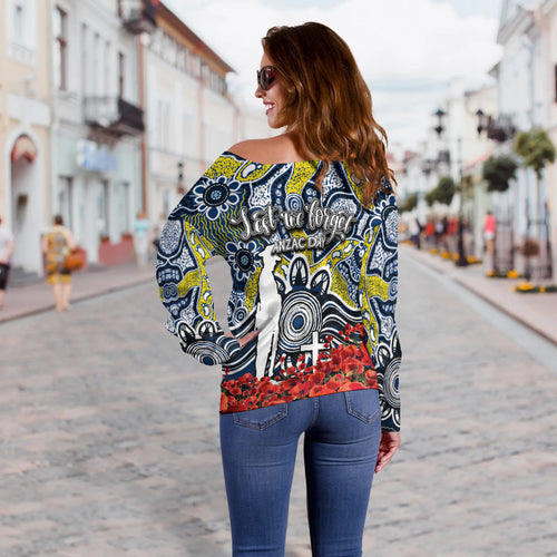 Cowboys Off Shoulder Sweater Anzac Day Poppy Flowers With Aboriginal
