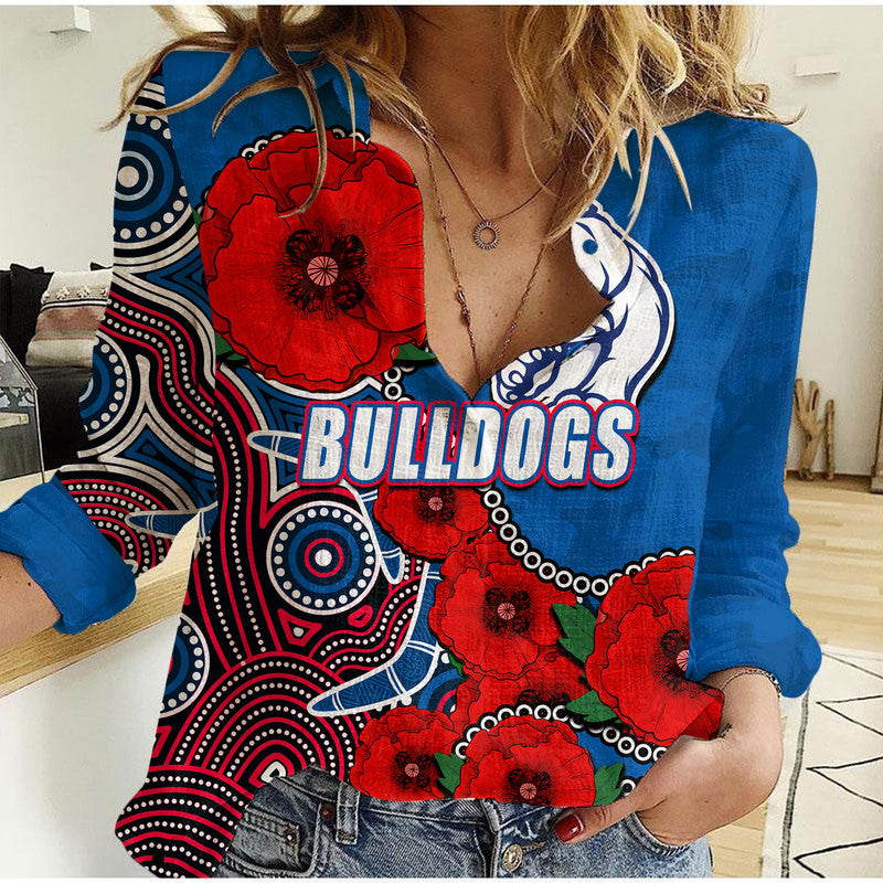 custom-personalised-anzac-day-afl-bulldogs-army-mix-aboriginal-women-casual-shirt