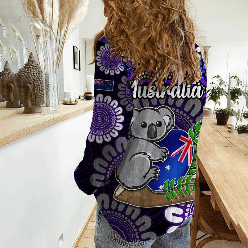 australia-koala-aboriginal-women-casual-shirt-koala-hugging-rugby-ball-purple