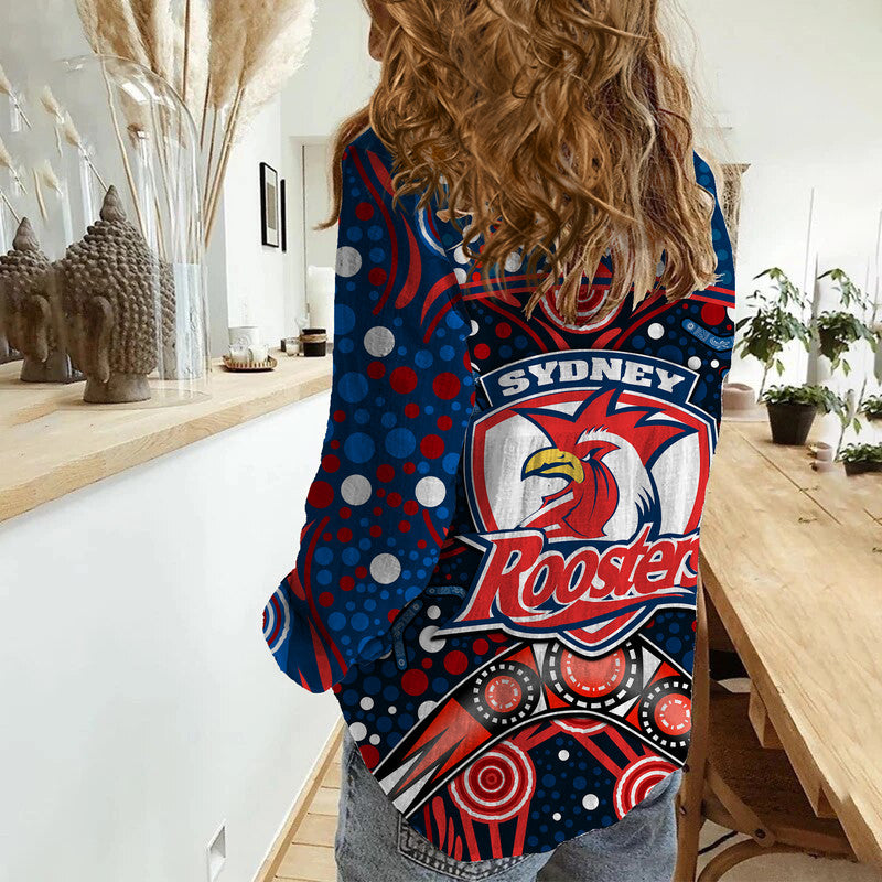 roosters-rugby-women-casual-shirt-boomerang-indigenous-dots