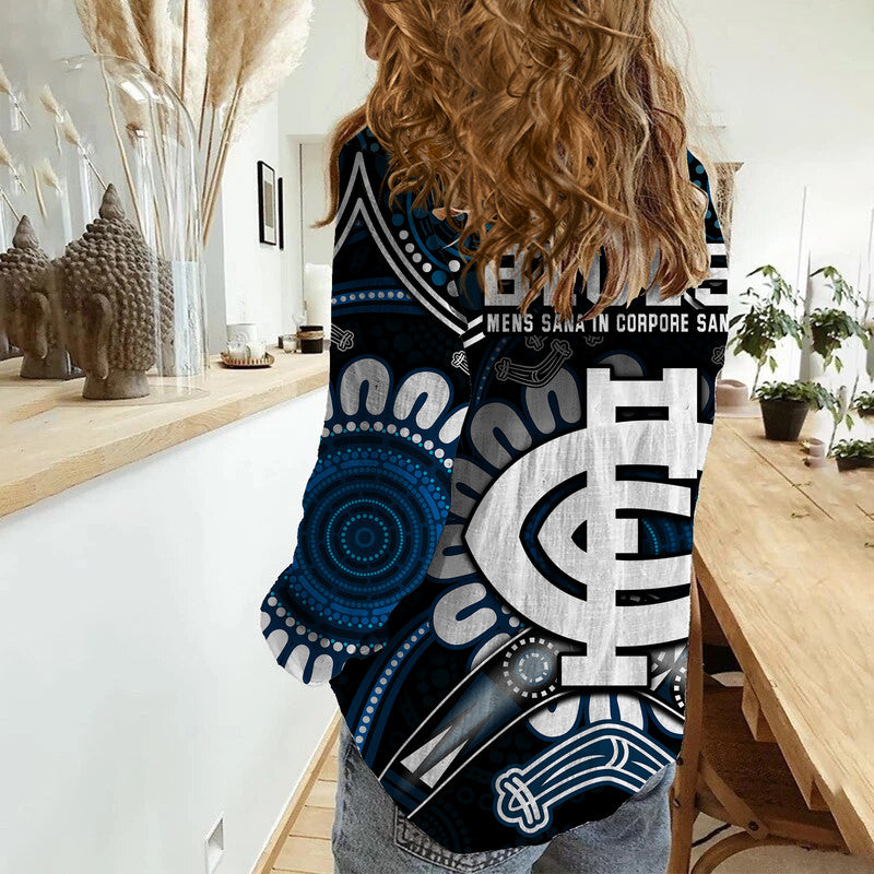 blues-football-women-casual-shirt-boomerang-indigenous-dots