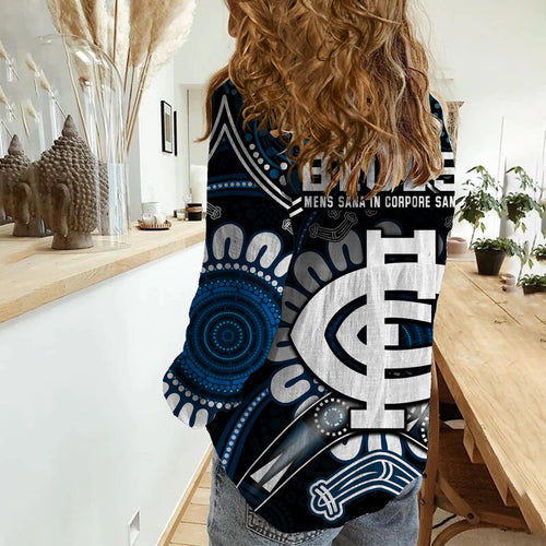 blues-football-women-casual-shirt-boomerang-indigenous-dots