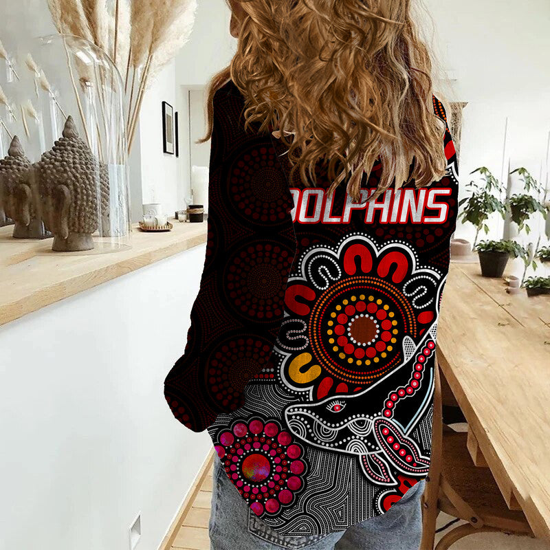 dolphins-rugby-women-casual-shirt-indigenous-circles-and-waves-black