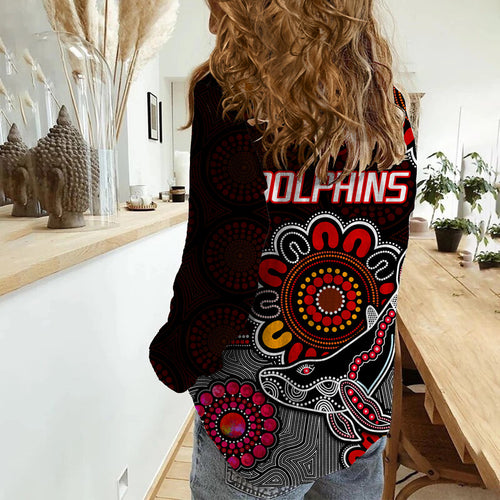 dolphins-rugby-women-casual-shirt-indigenous-circles-and-waves-black