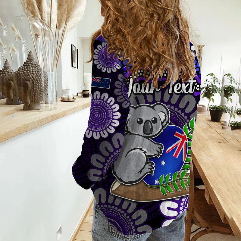 custom-personalised-australia-koala-aboriginal-women-casual-shirt-koala-hugging-rugby-ball-purple