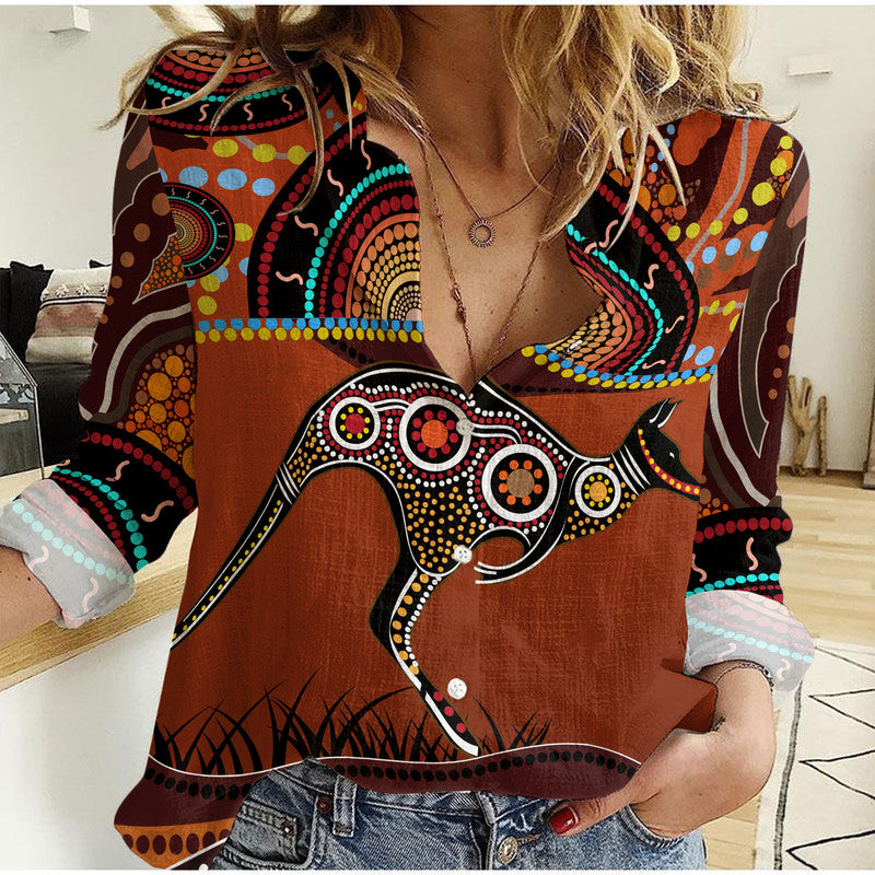 aboriginal-woman-casual-shirt-kangaroo-with-dot-painting