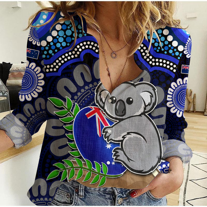 australia-koala-aboriginal-women-casual-shirt-koala-hugging-rugby-ball-blue