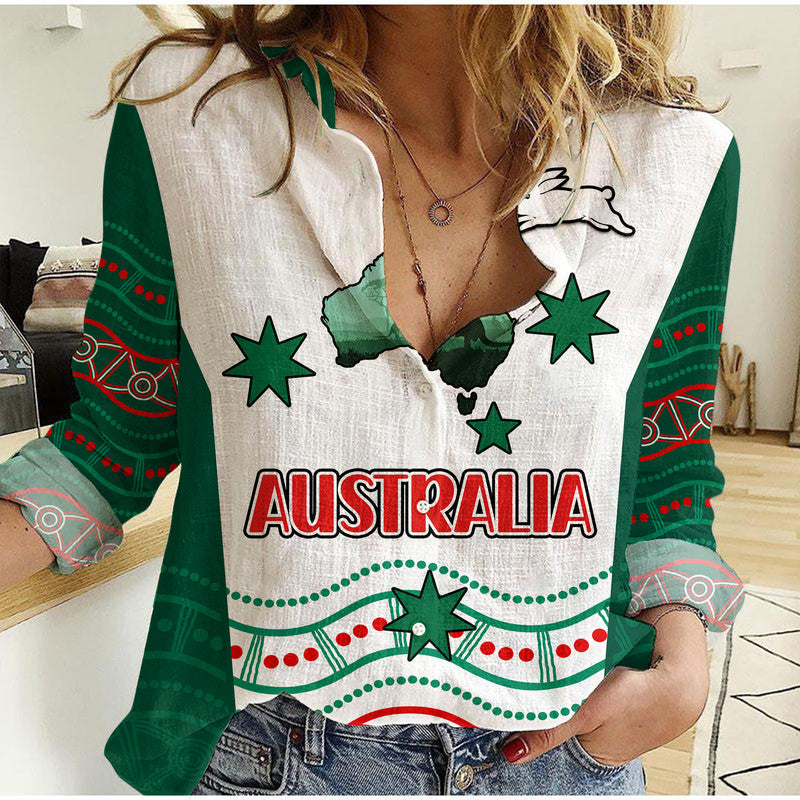 custom-personalised-rabbitohs-australia-day-women-casual-shirt-flag-map-and-aboriginal-wave