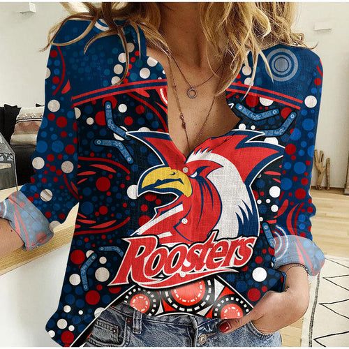 roosters-rugby-women-casual-shirt-boomerang-indigenous-dots